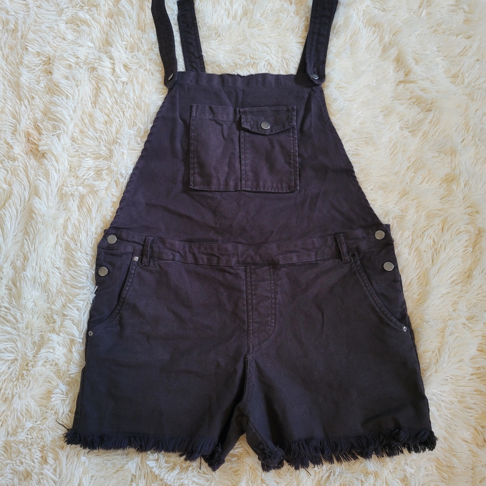 Chic Black Denim Overalls with Frayed Hem